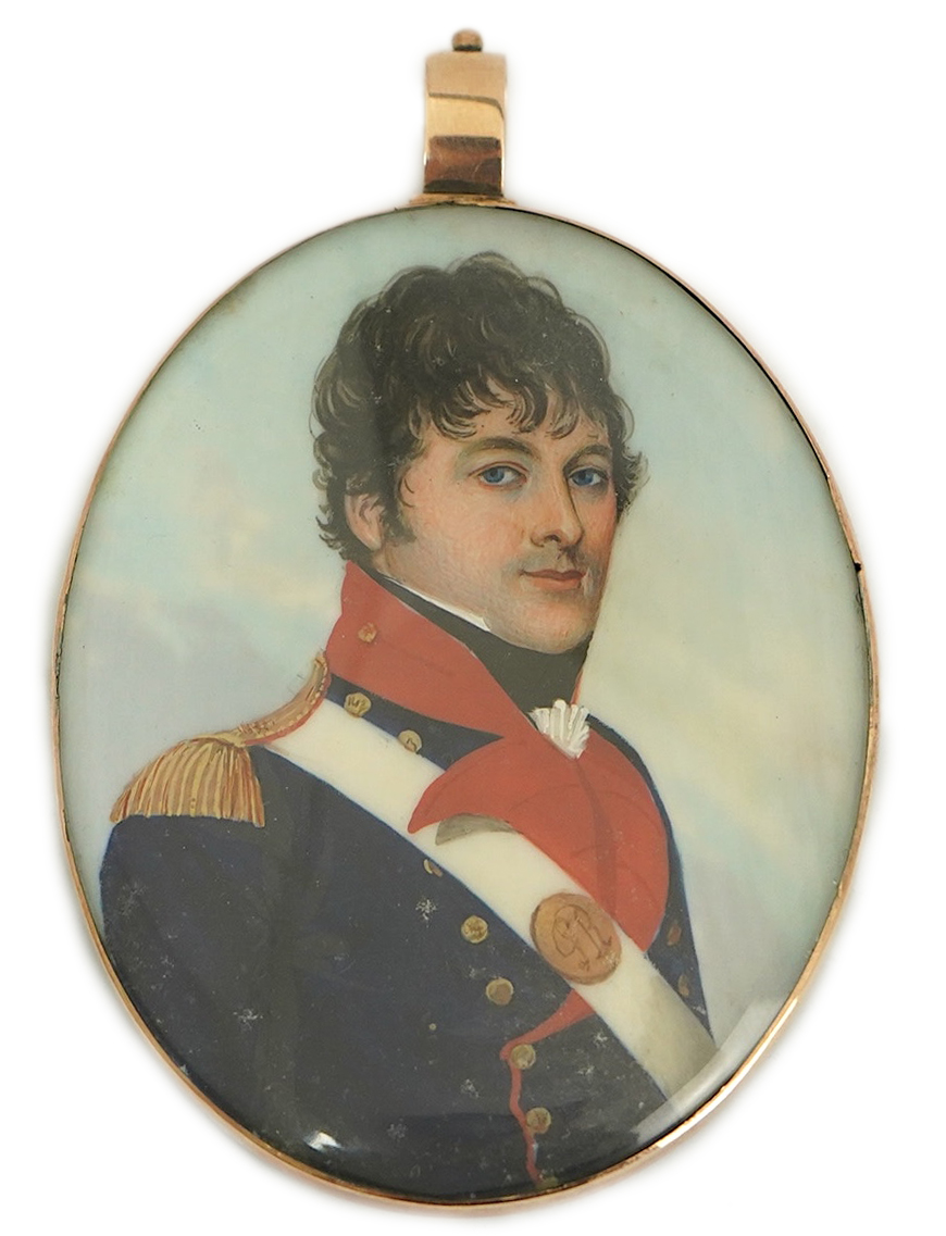 Frederick Buck (1771-1840), Miniature portrait of an army officer, watercolour on ivory, 6.5 x 5cm, gold locket frame with later blue enamelled back, CITES Submission reference FGWU6NF3